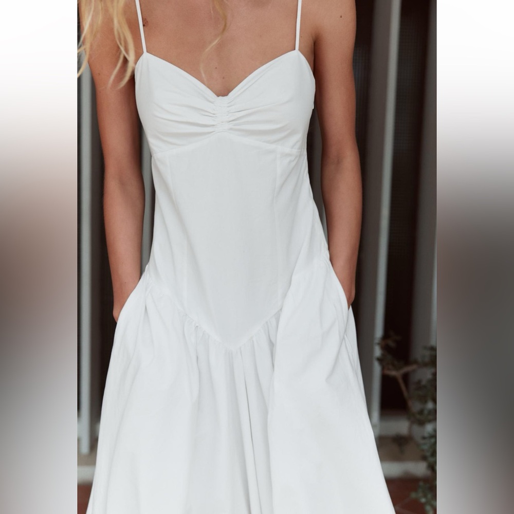 Zara White Cotton Maxi Strappy Gabardine Dress V Neck Flounced hem size XS NWT - Picture 3 of 16